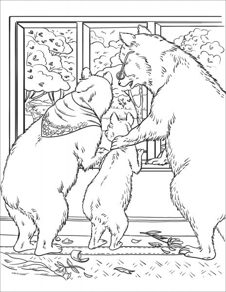 Goldenlocks Escapes Through Open Window and Runs Away coloring page image