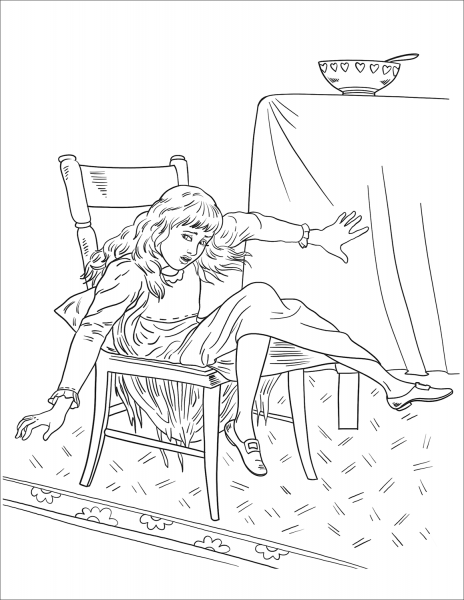Goldenlocks Sits down in the Chair of the Baby Bear coloring page image