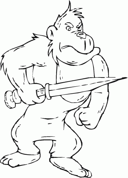 Gorilla Holds A Sword coloring page image