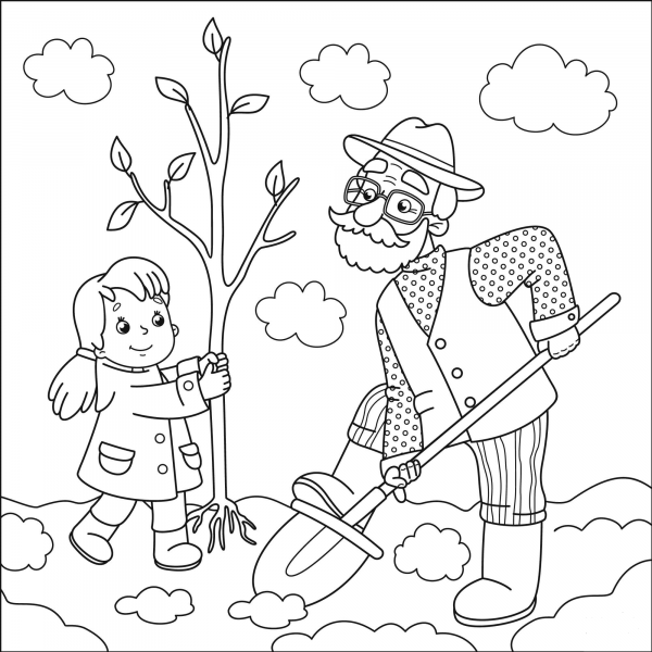 Grandfather and Little Girl Planting Tree coloring page image