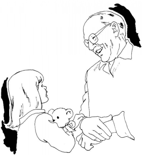 Grandfather is talking with his granddaughter coloring page image