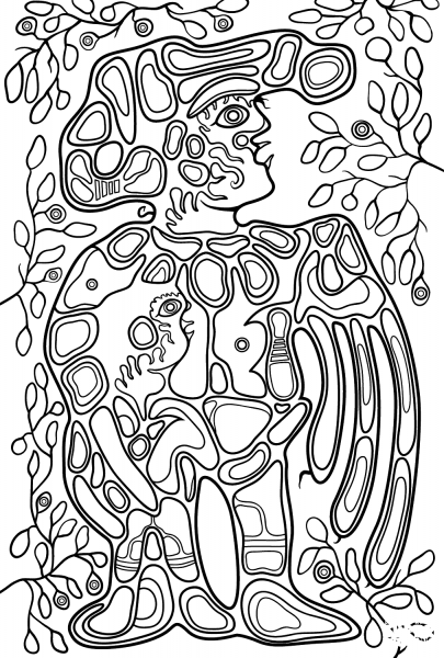 Grandfather with Child by Norval Morrisseau coloring page image