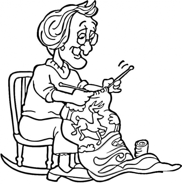 Grandma is knitting a blanket with a deer on it  coloring page image