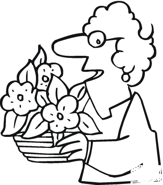 Grandmother with a pot of flowers coloring page image