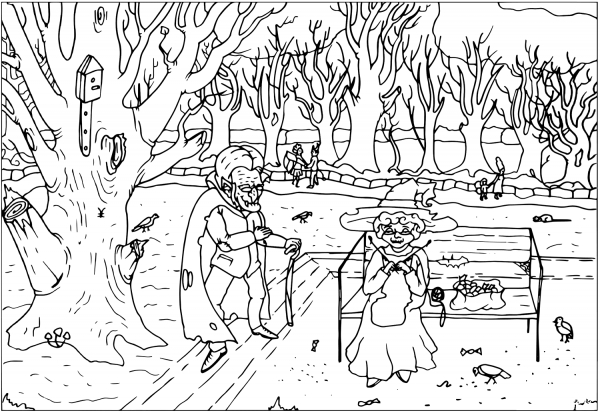 Grandpa Drakula in the Park coloring page image