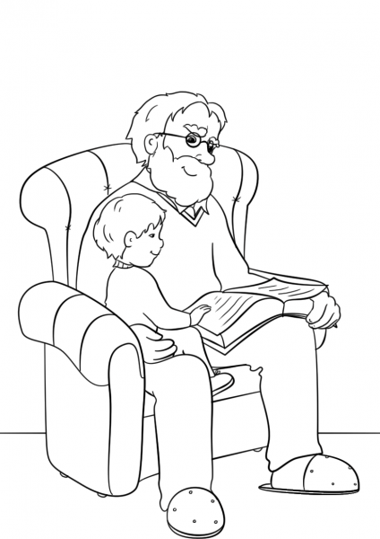 Grandpa Reading Book to His Grandchild coloring page image