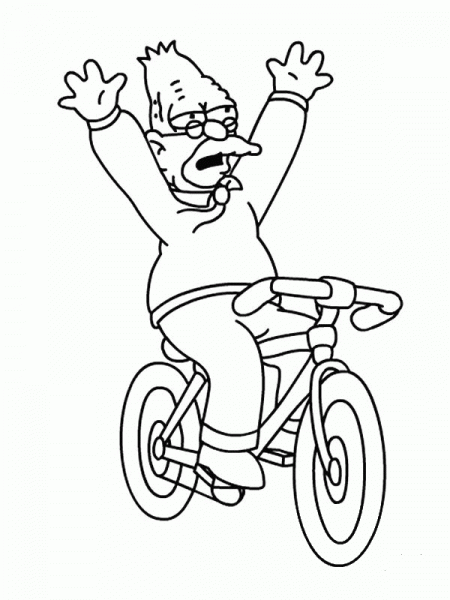 Grandpa Simpson is riding a bicycle  coloring page image