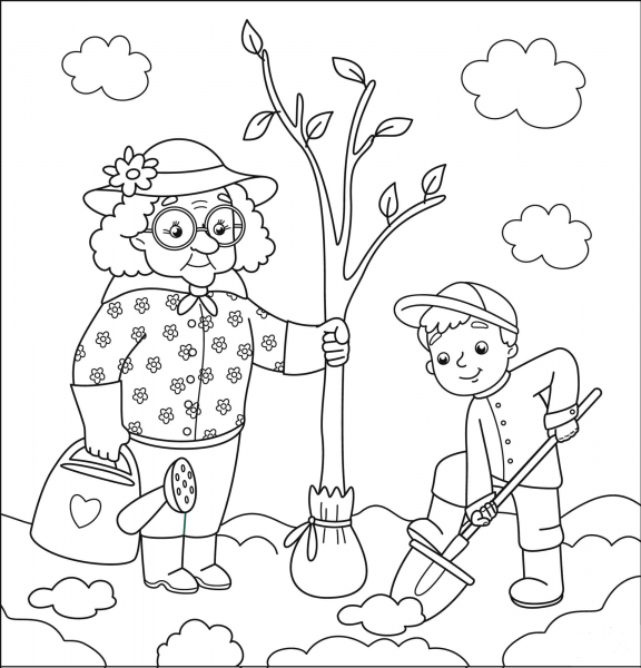 Granny and Grandson Planting a Tree coloring page image