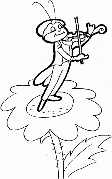 Grasshopper Plays Violin On Flower  coloring page image