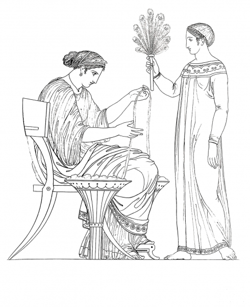 Grecian Lady and Servant coloring page image