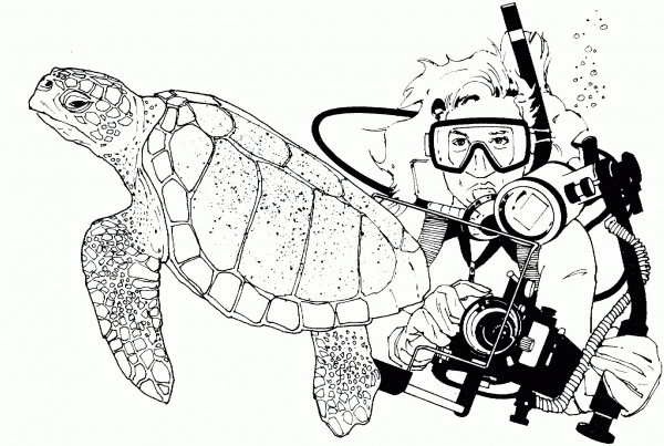 Green Sea Turtle and Scuba Diver coloring page image