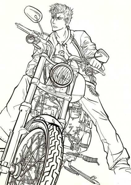 Grimmjow Jaegerjaquez on motorbike Harley Davidson from Manga Bleach coloring page image