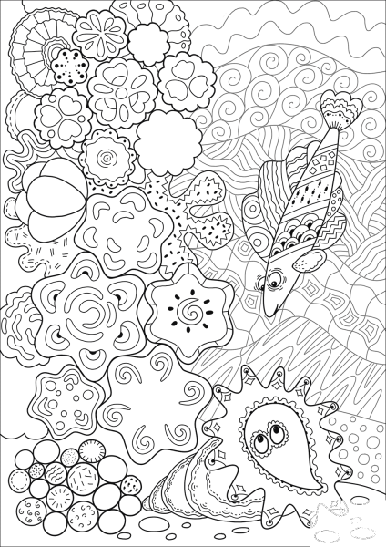 Grouper Found a Sea Shell in Coral Reef coloring page image