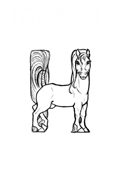 H is for Horse coloring page image