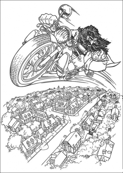 Hagrid Rides Flying Motorcycle  coloring page image