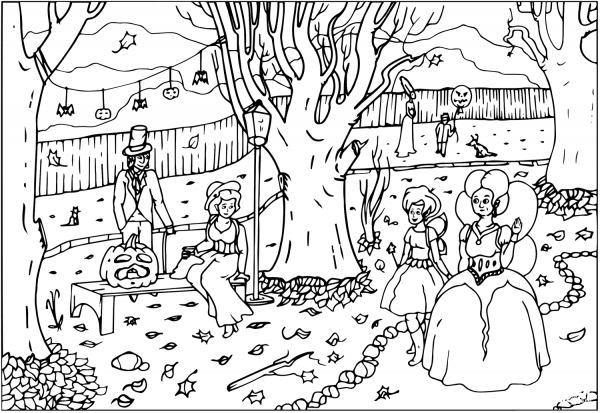 Halloween Ball Party with Fairies coloring page image