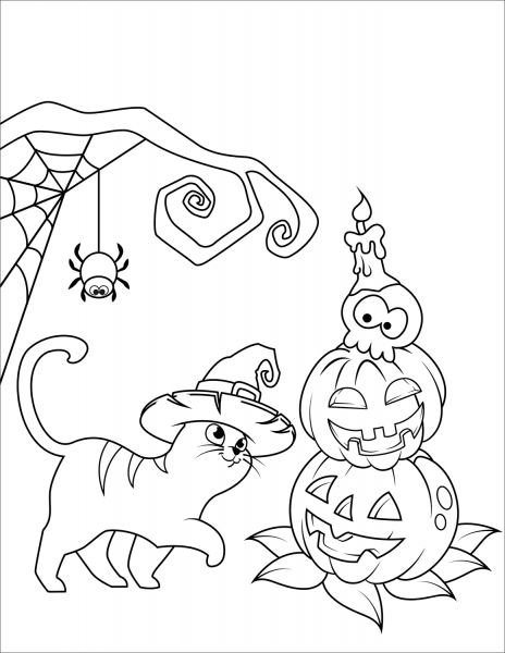 Halloween Cat and Jack O’Lantern coloring page image