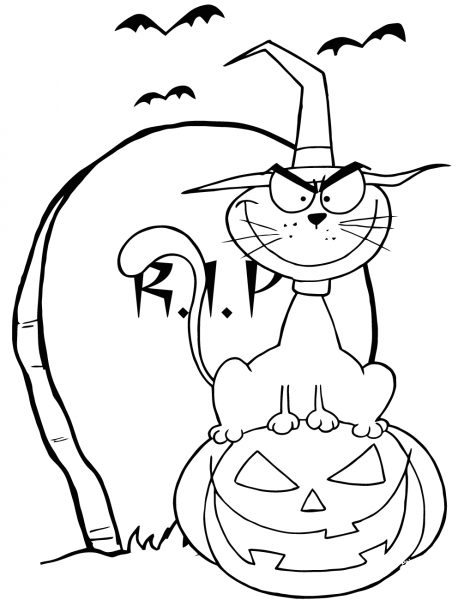 Halloween Cat on Pumpkin near Tombstone coloring page image