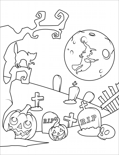 Halloween Cemetery with Jack O’Lanterns coloring page image