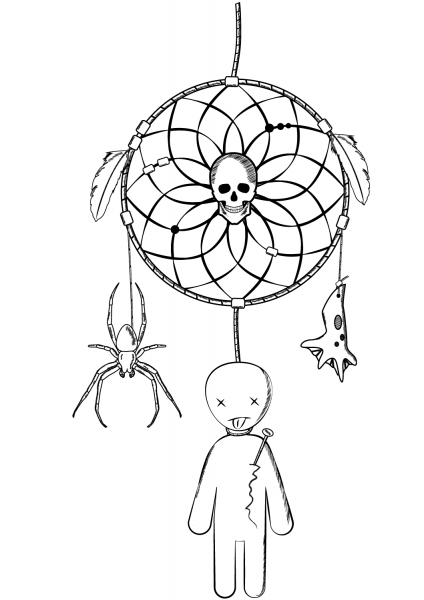 Halloween Dreamcatcher with Voodoo Doll and Spider coloring page image