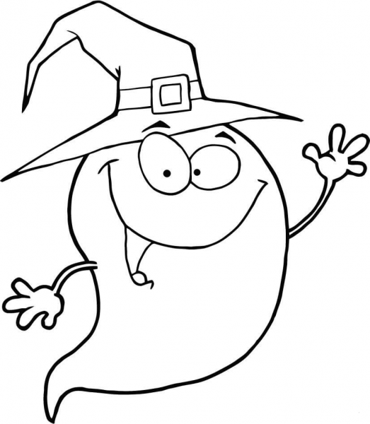 Halloween Ghost Wearing a Witch Hat coloring page image