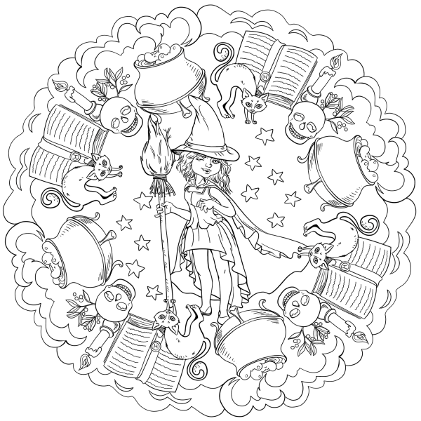 Halloween Mandala with a Cute Witch and Pot of Potion coloring page image