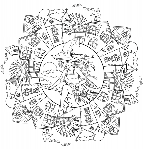 Halloween Mandala with a Witch in the Village coloring page image