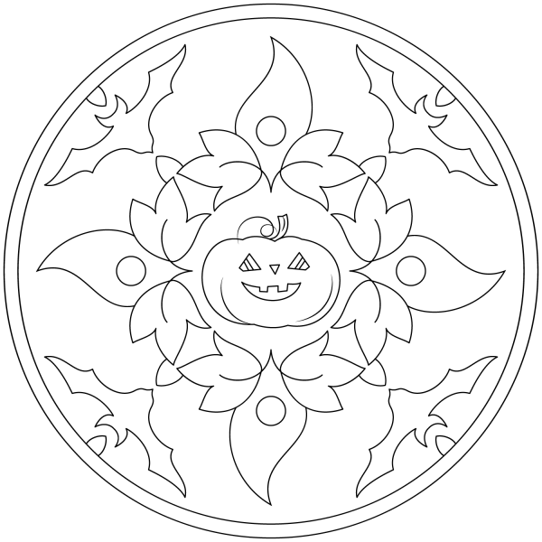Halloween Mandala with Bats and Pumpkin coloring page image
