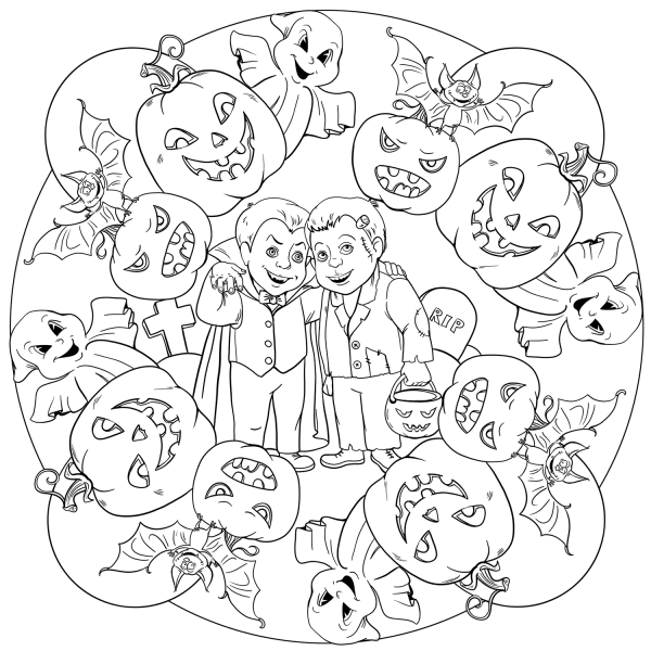 Halloween Mandala with Drakula, Frankenstein, Ghost, and Jack O Lanterns coloring page image