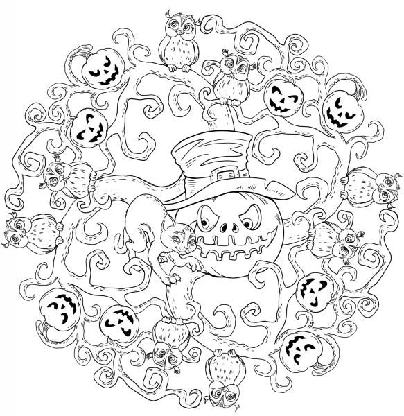 Halloween Mandala with Jack-o’-Lantern and Black Cat coloring page image