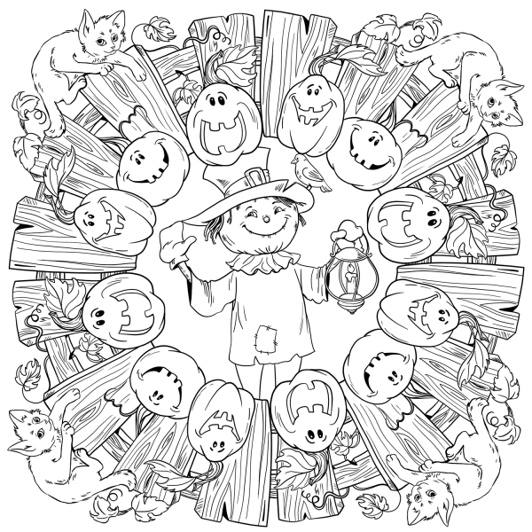 Halloween Mandala with Scarecrow, Jack-o’-Lantern and Black Cats coloring page image