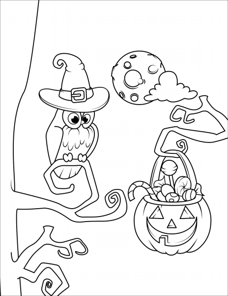Halloween Owl and Jack O’Lanterns with Candies coloring page image