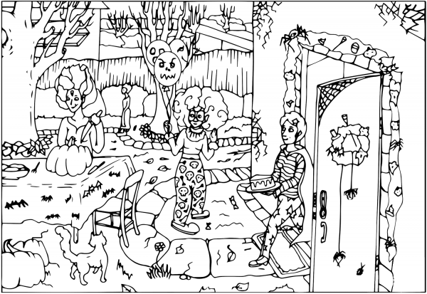 Halloween Party with a Clown coloring page image