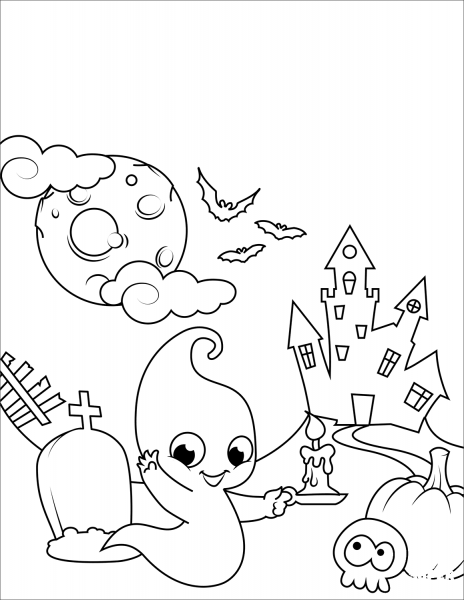 Halloween Scene with a Cute Ghost coloring page image