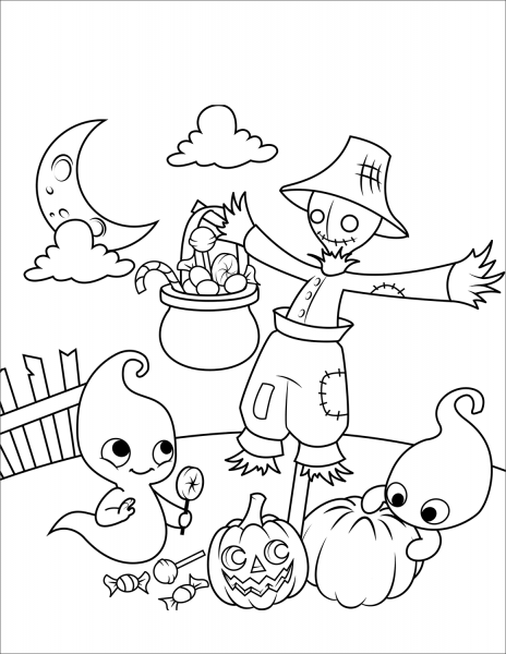 Halloween Scene with a Scarecrow and Cute Ghosts coloring page image