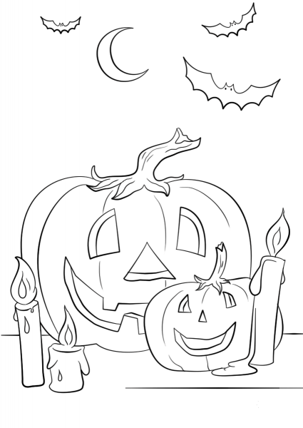 Halloween Scene with Pumpkins, Candles and Bats coloring page image