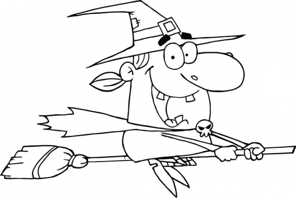 Halloween Witch Rides a Broom coloring page image