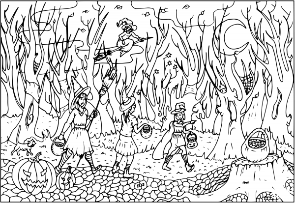 Halloween Witches Going on Party Through the Creepy Woods coloring page image