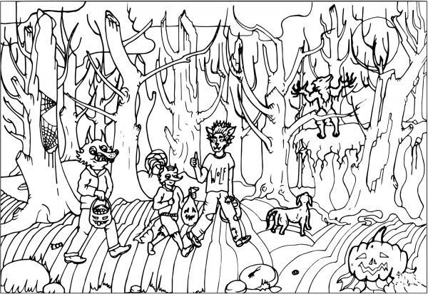Halloween Wolves and Werewolf in a Spooky Forest coloring page image