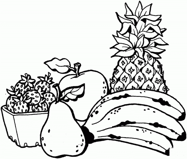 Hand of Banana, Pineapple, Pear, Strawberries Basket and Apple coloring page image