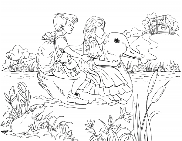 Hansel and Gretel are Crossing the Lake on the Back of a White Duck coloring page image