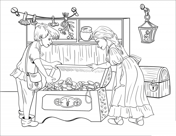 Hansel and Gretel Discover Chests Full of Pearls and Jewels in the Witch’s House coloring page image