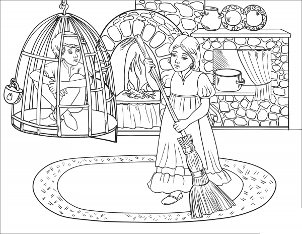 Hansel is in Cell while Gretel is at Work coloring page image