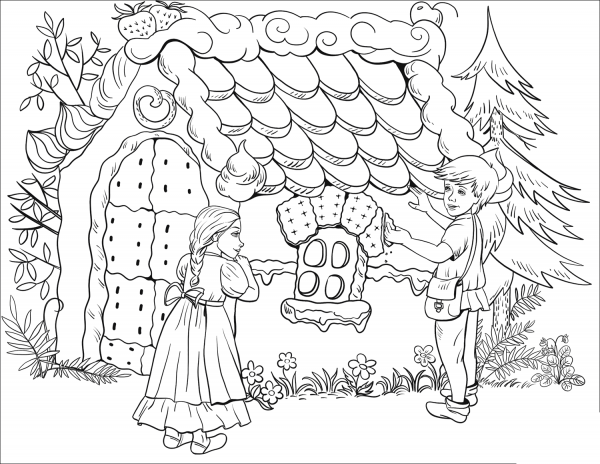 Hansel Tastes a Bit of the Roof of the Gingerbread House coloring page image