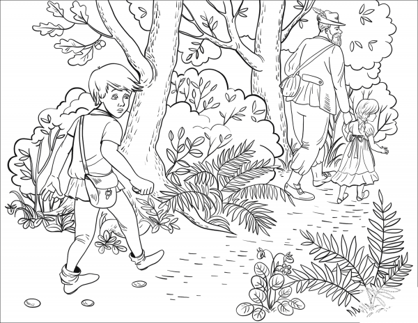 Hansel Throwing One of the White Pebble Stones out of His Pocket on the Road coloring page image
