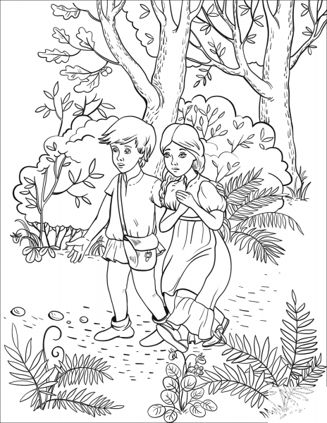 Hansel with his Sister Follow the Pebbles in the Forest coloring page image