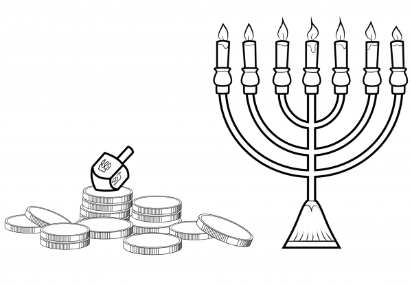 Hanukkah Menorah, Dreidel and Gelt coloring page image