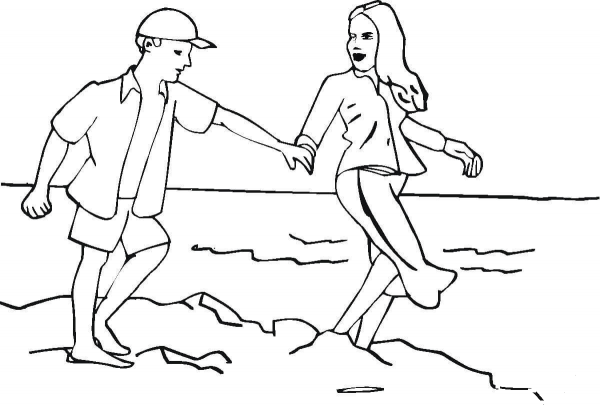Happiness Is When Man and Woman Are Walking on the Beach coloring page image