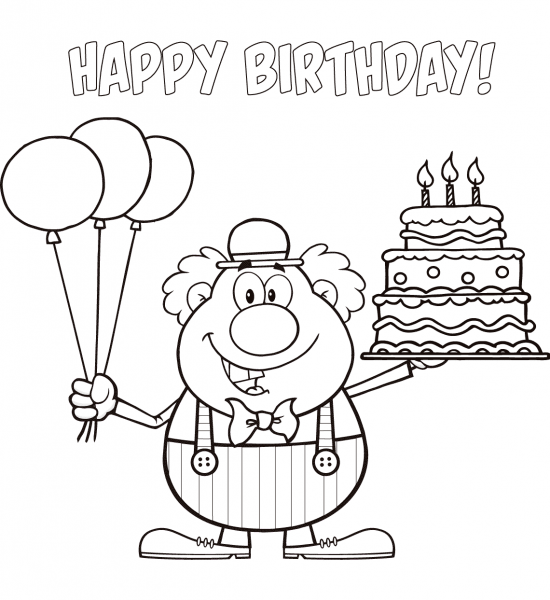 Happy Birthday Clown with Balloons and Cake coloring page image