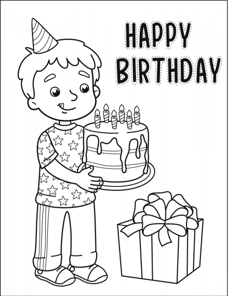 Happy Birthday with Boy coloring page image